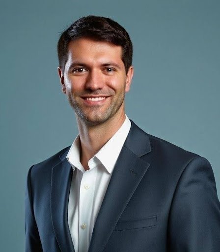 Dr. Theo Kousouli in a blue suit standing in front of a blue background smiling at the camera