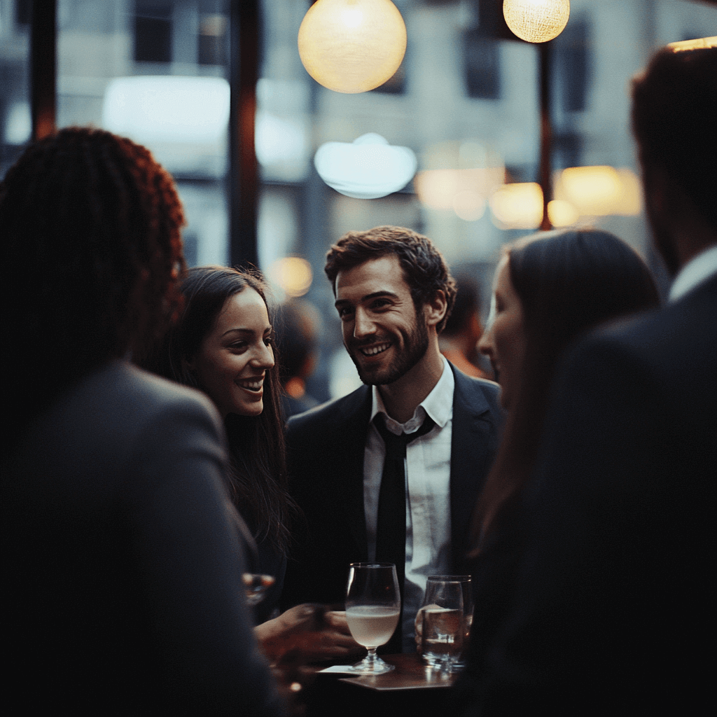 a business group of friends are having a good time smiling and enjoying refreshments together at a bar table.