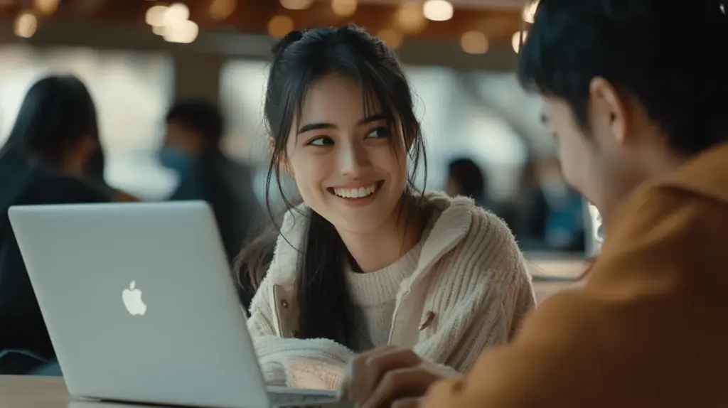 A young female student in focus with laptop open is turned to her left smiling at her male classmate